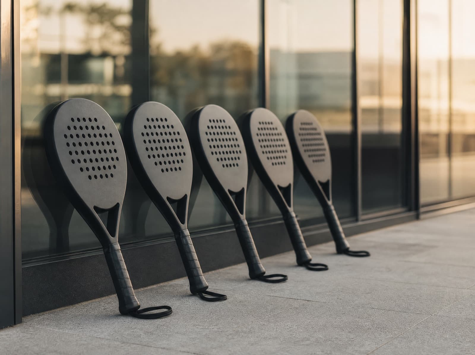 Vijf custom padel rackets op een rij tegen een modern kantoorpand