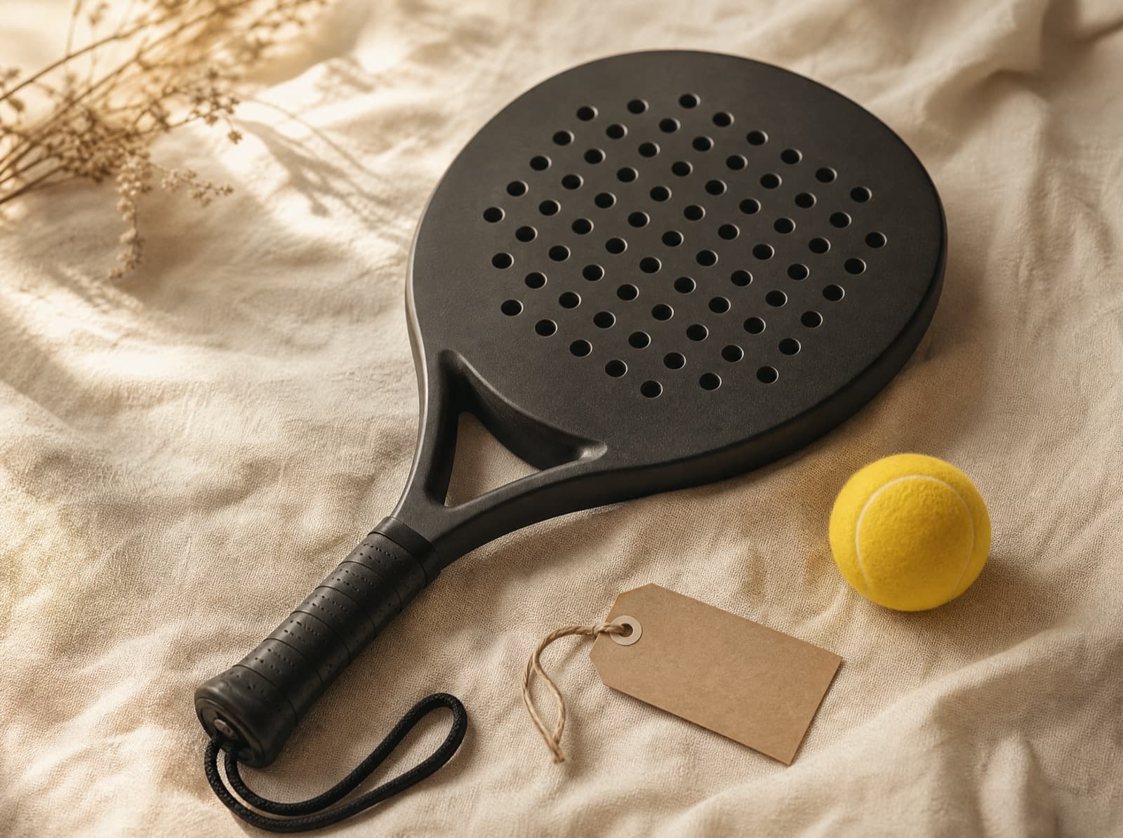 Custom padel racket naast een gele padelbal en een cadeaulabel