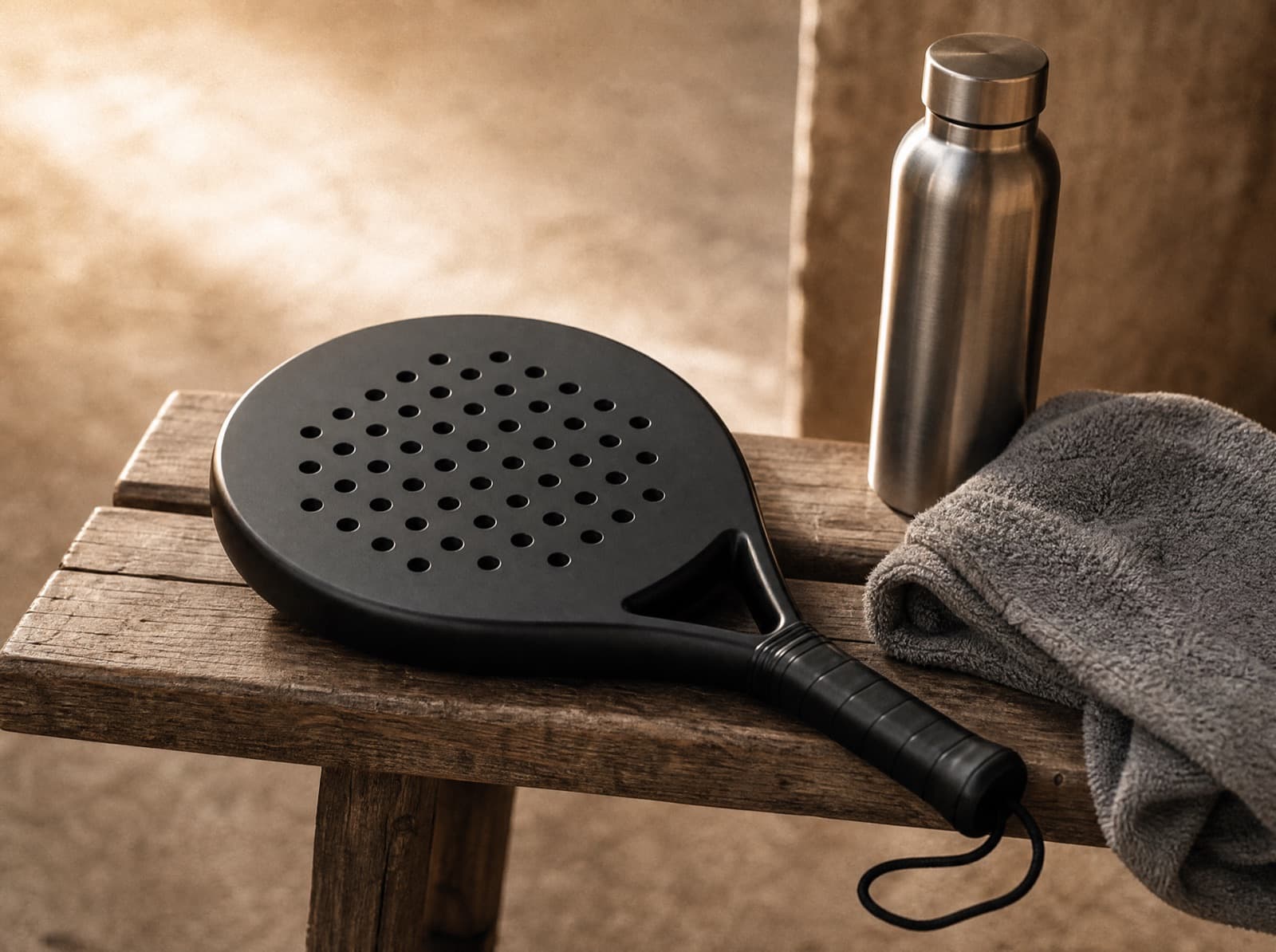 Custom padel racket op een houten bankje naast een handdoek en waterfles