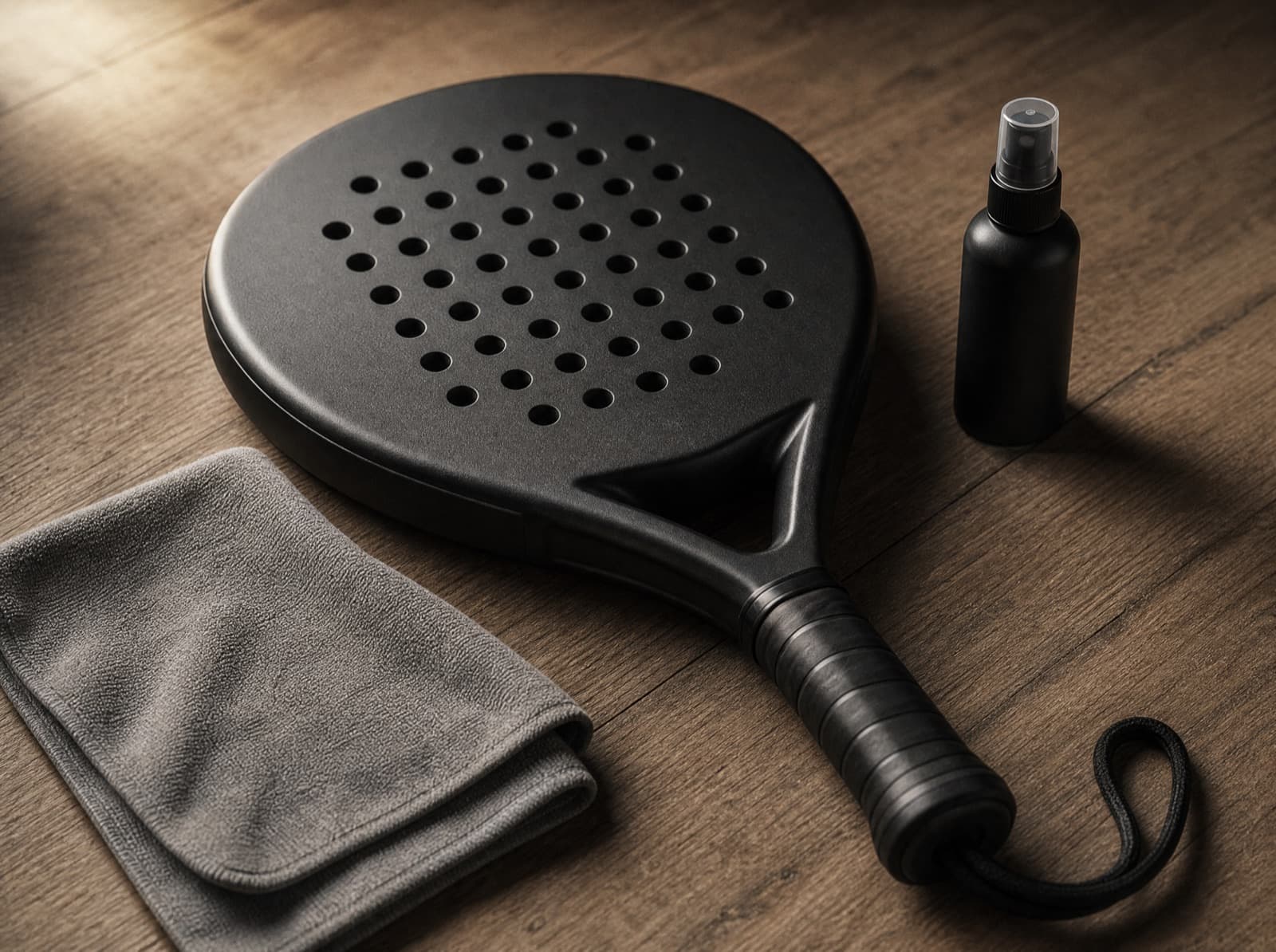 Custom padel racket naast een microvezeldoek en verzorgingsspray