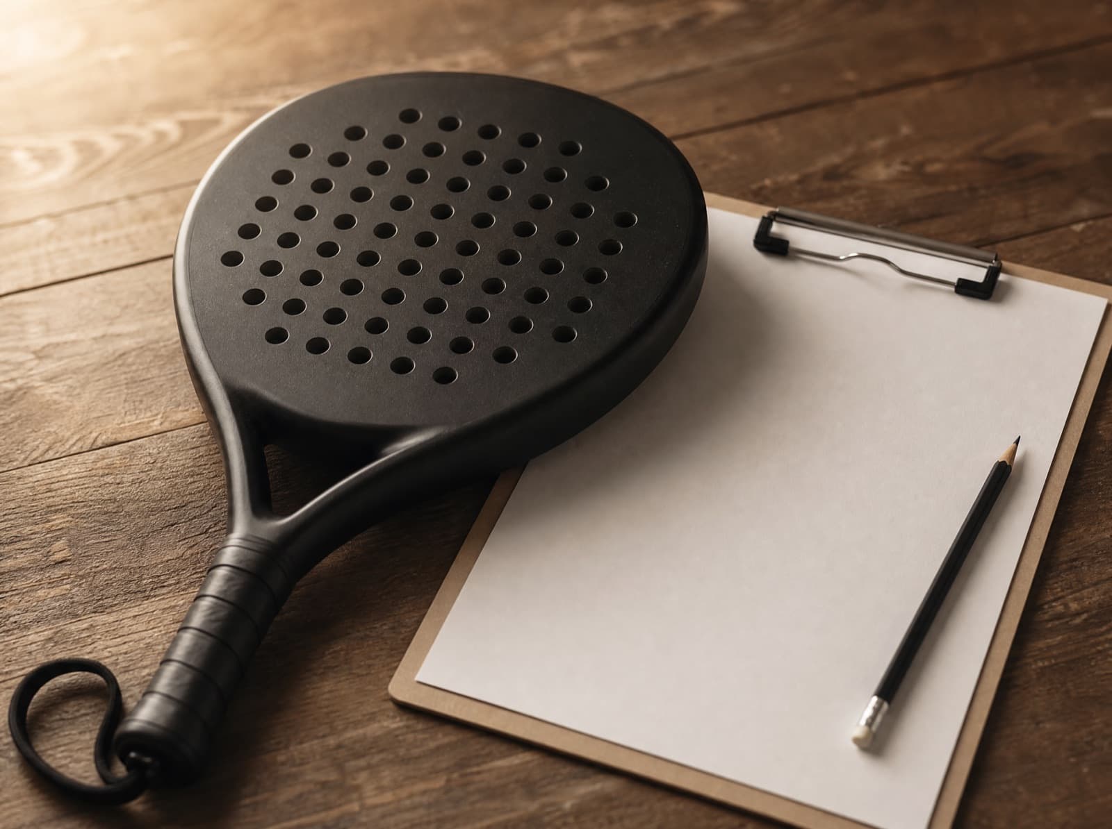 Custom padel racket op een klembord met een blanco scoreformulier
