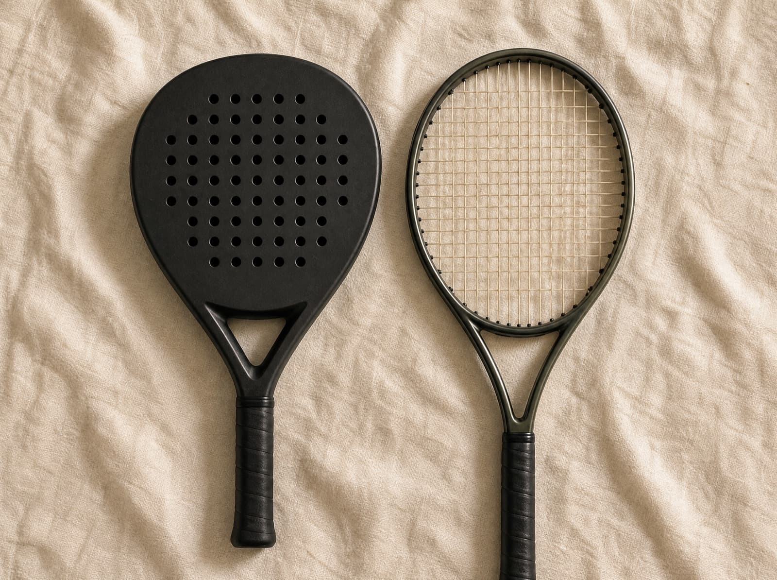 Custom padel racket naast een gesnaard tennisracket
