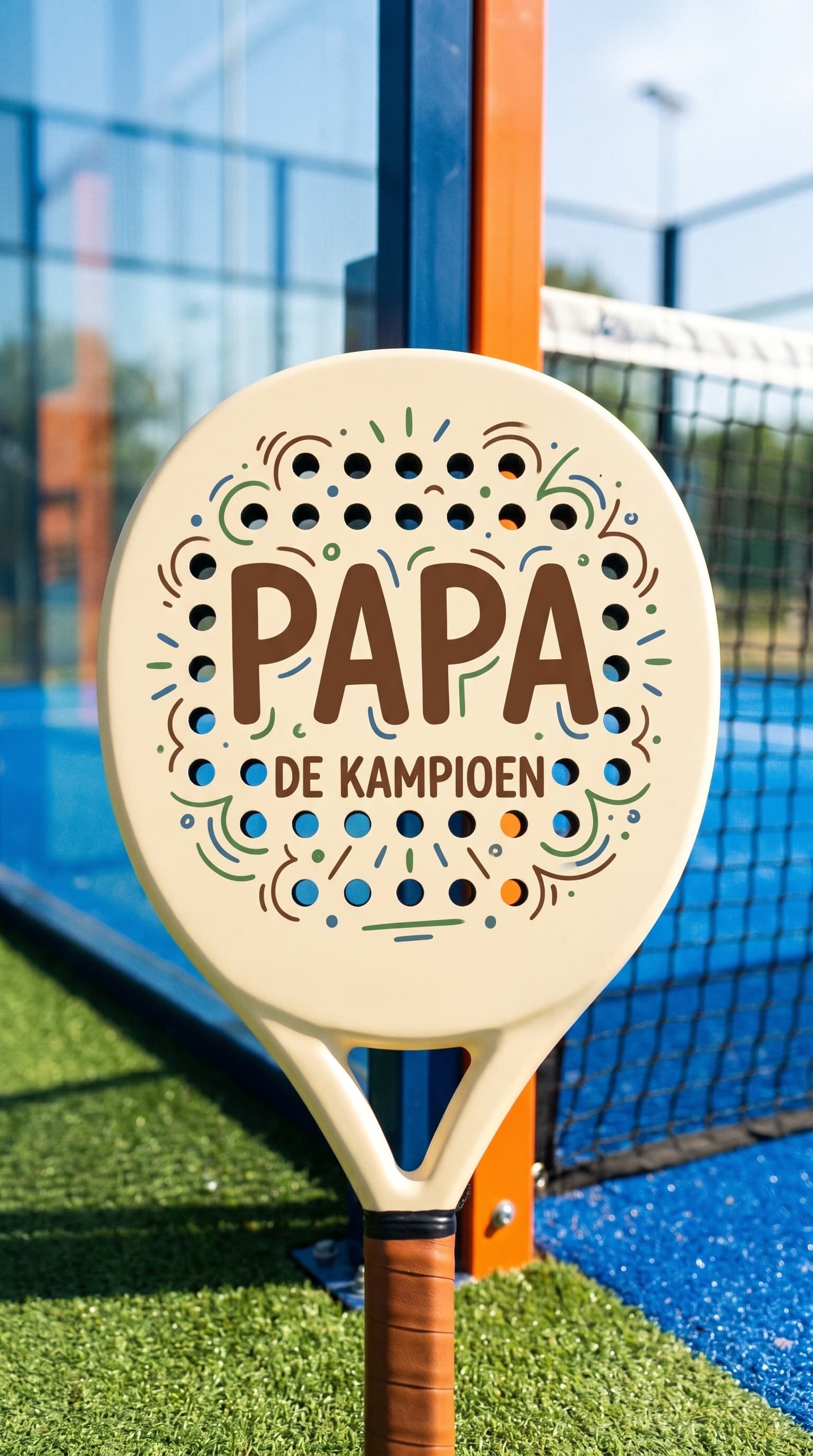 Custom padel racket met PAPA DE KAMPIOEN, vastgehouden op een padelbaan