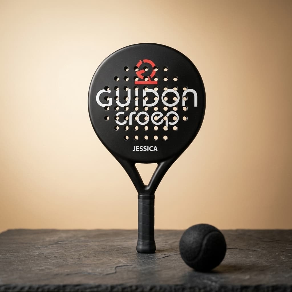 Custom padel racket met logo van Guidon Groep, afgewerkt in onze werkplaats