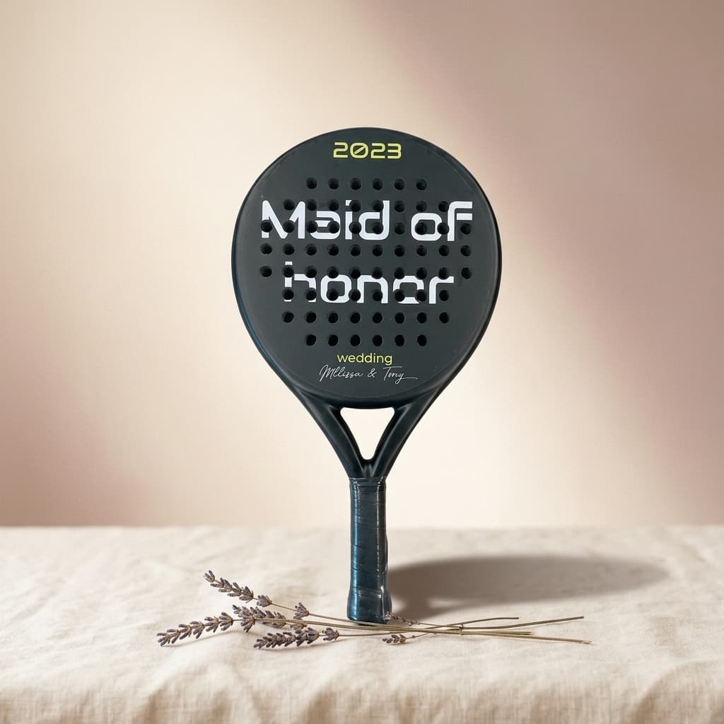 Custom padel racket met bruiloft-thema als cadeau, met datum en namen