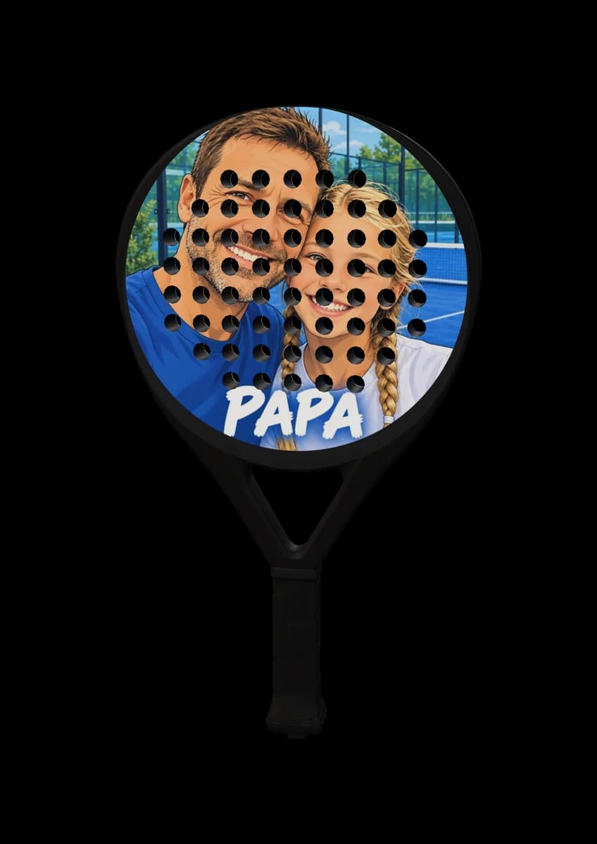 Voorbeeld: racket met een anime-kunstwerk van een vader en dochter met PAPA erop