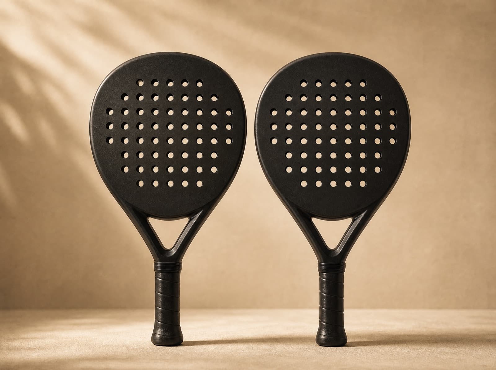Two custom padel rackets side by side against a cream background