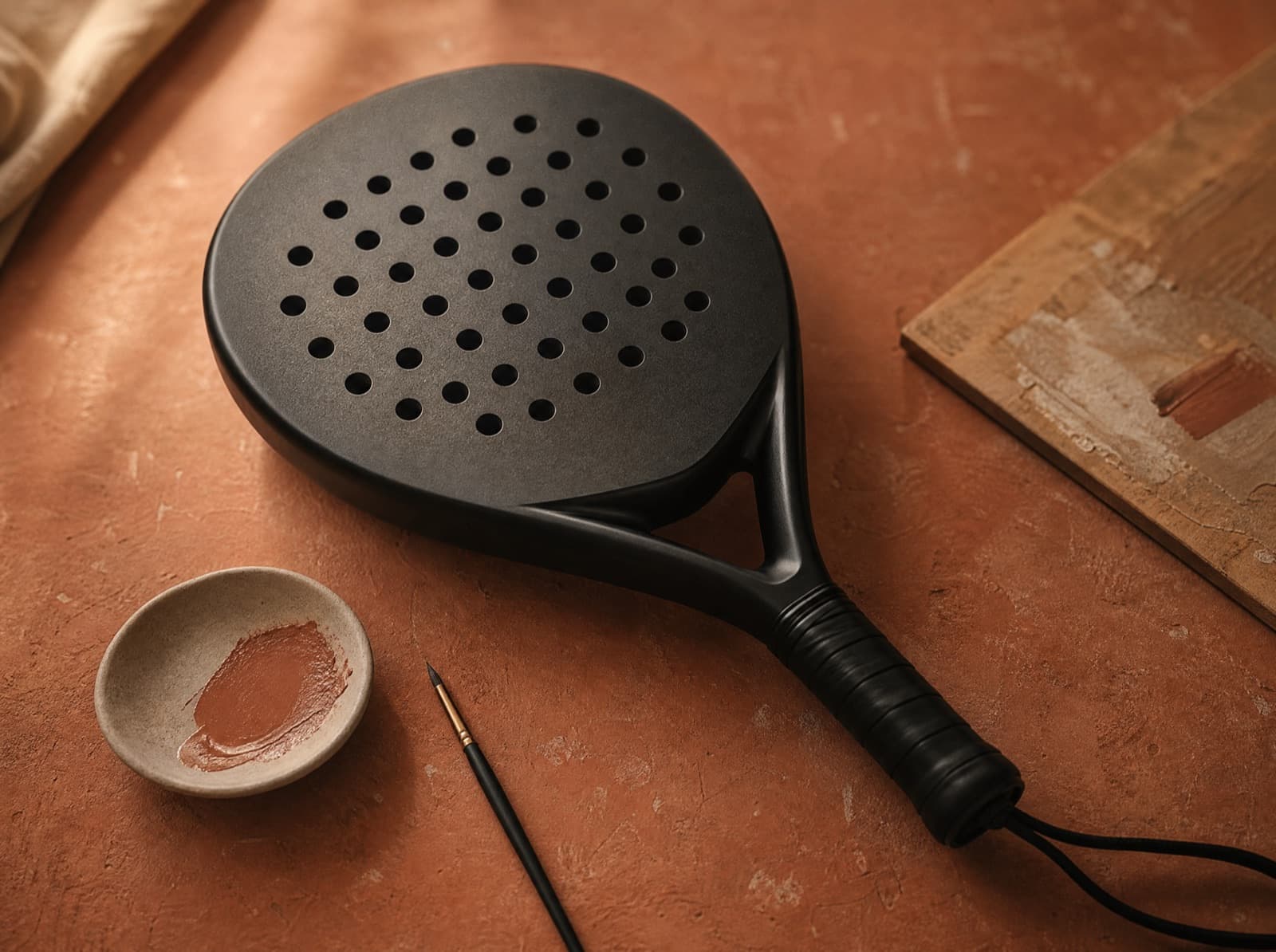 Custom Padelschläger neben einer Farbschale und einem feinen Pinsel