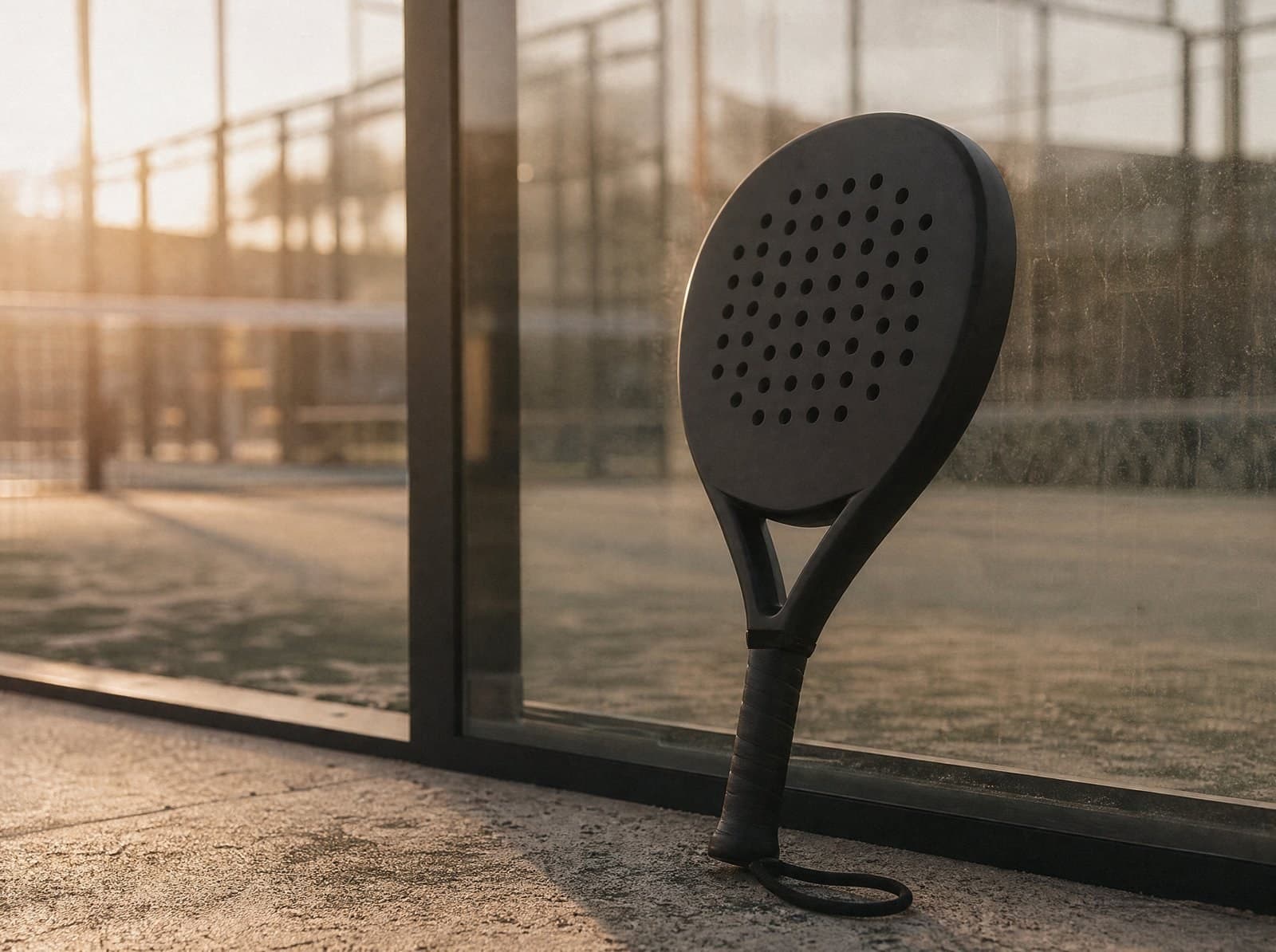 Racchetta da padel con design personalizzato su una panchina accanto a un campo da padel