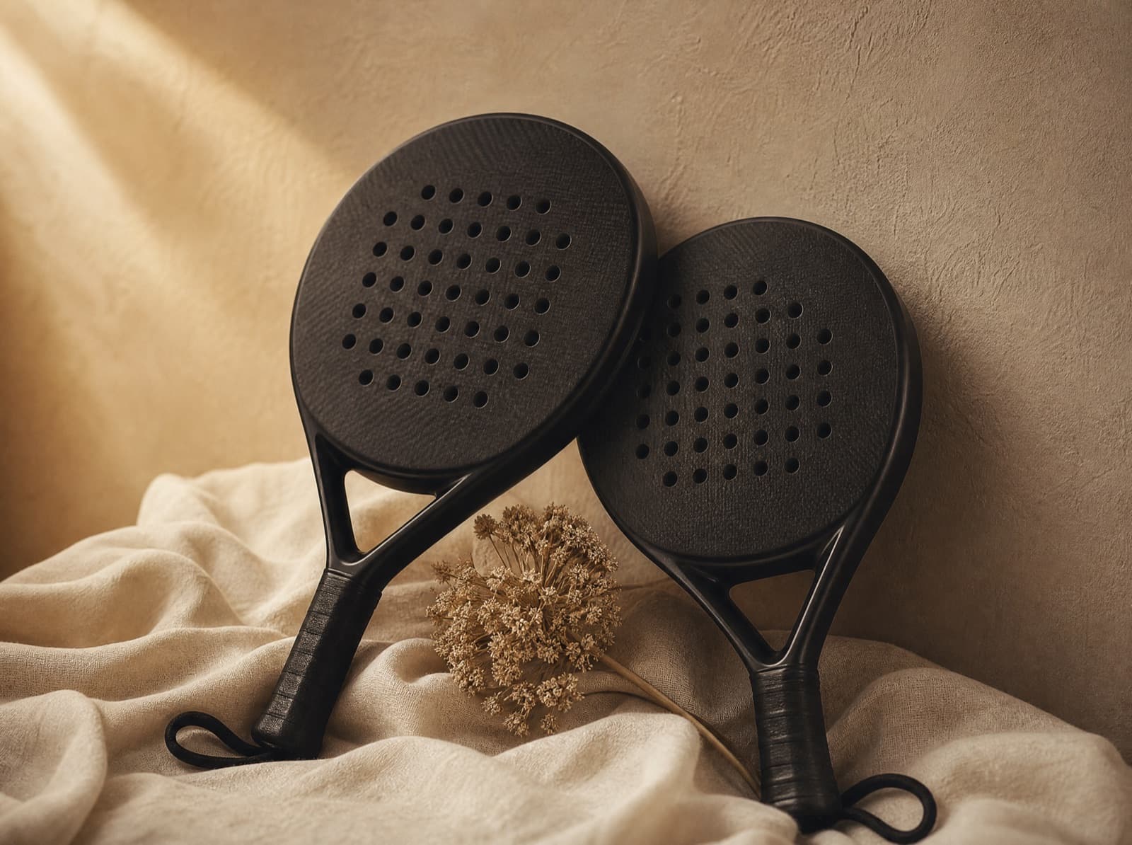 Twee zwarte padel rackets zonder ontwerp tegen elkaar aan op crèmekleurig linnen, met een gedroogde bloem ertussen en een beige muur erachter