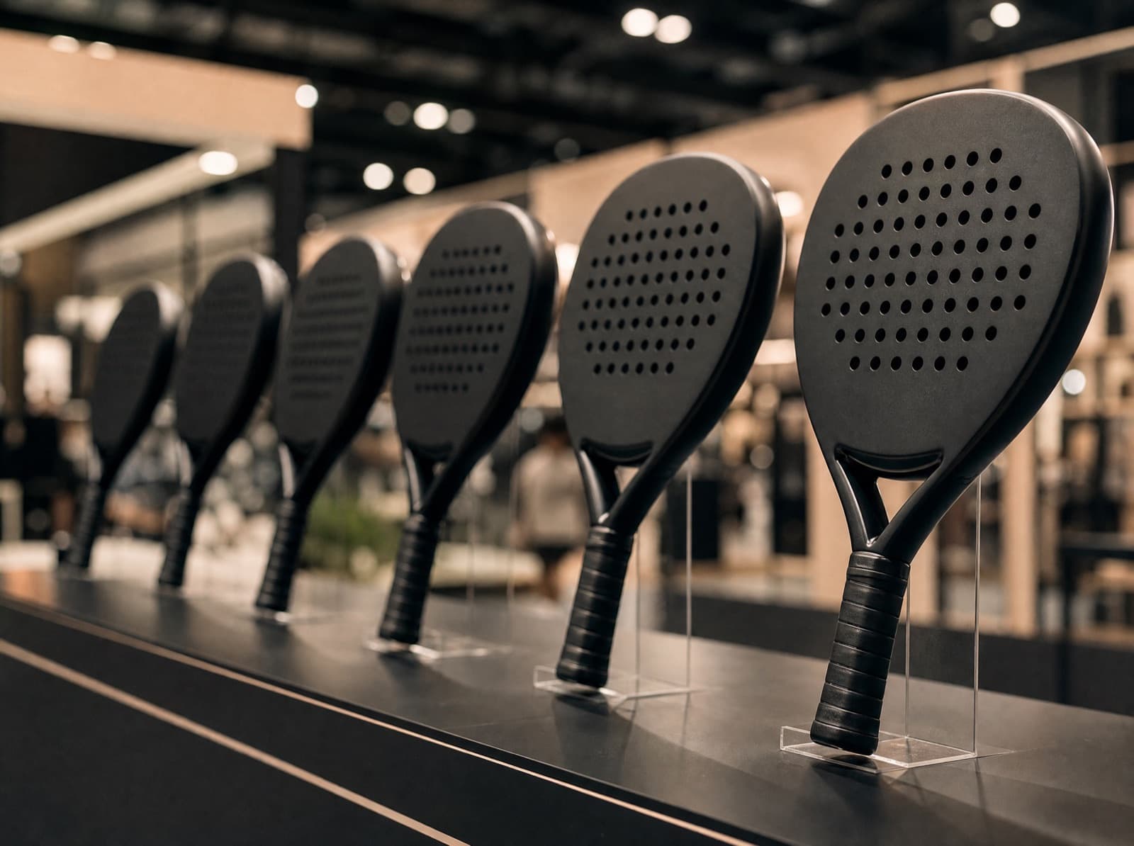 Drie custom padel rackets uitgestald op een tafel tijdens een zakelijk event