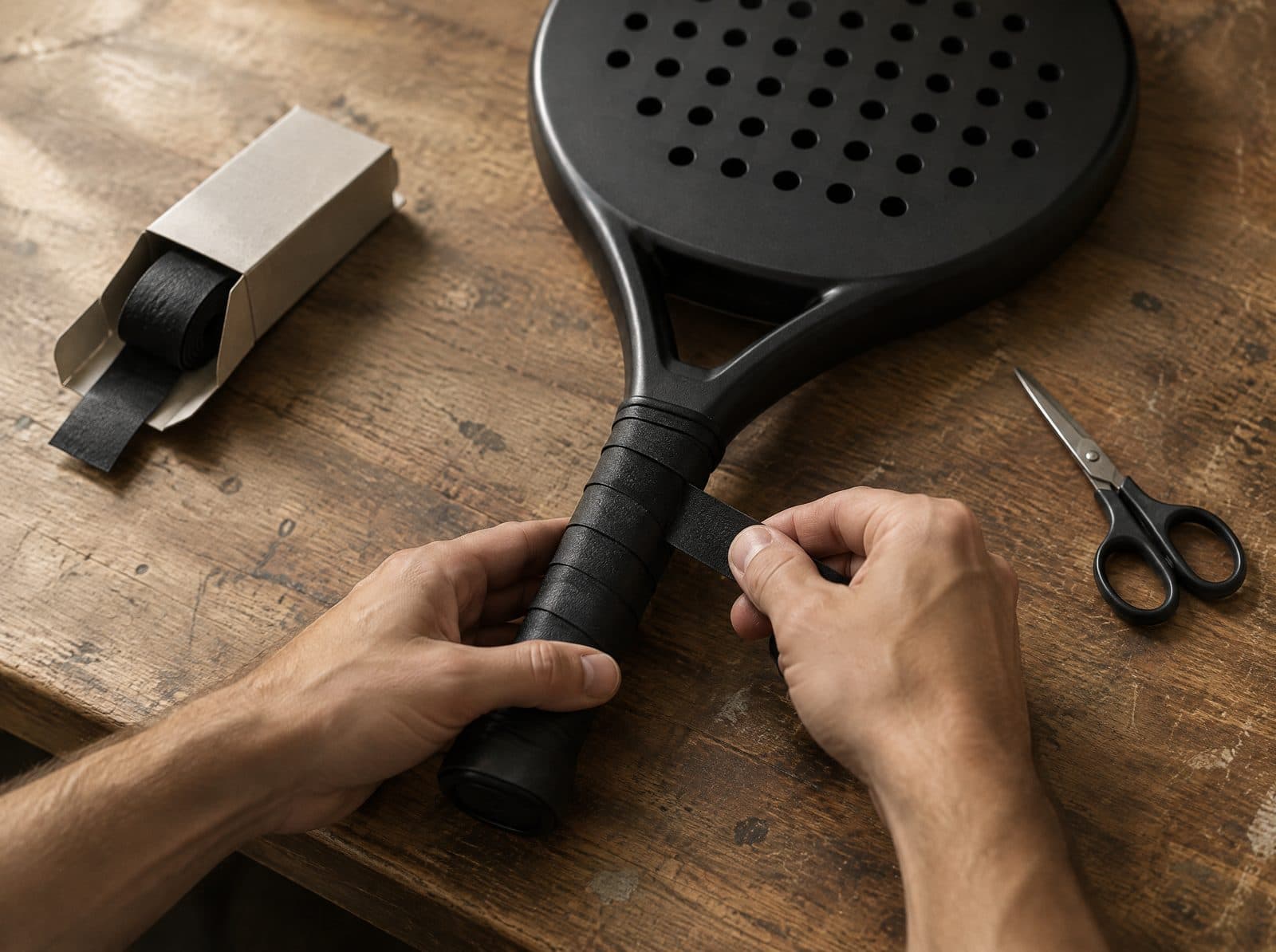 Handen wikkelen een nieuwe grip om het handvat van een padel racket op een houten werkbank