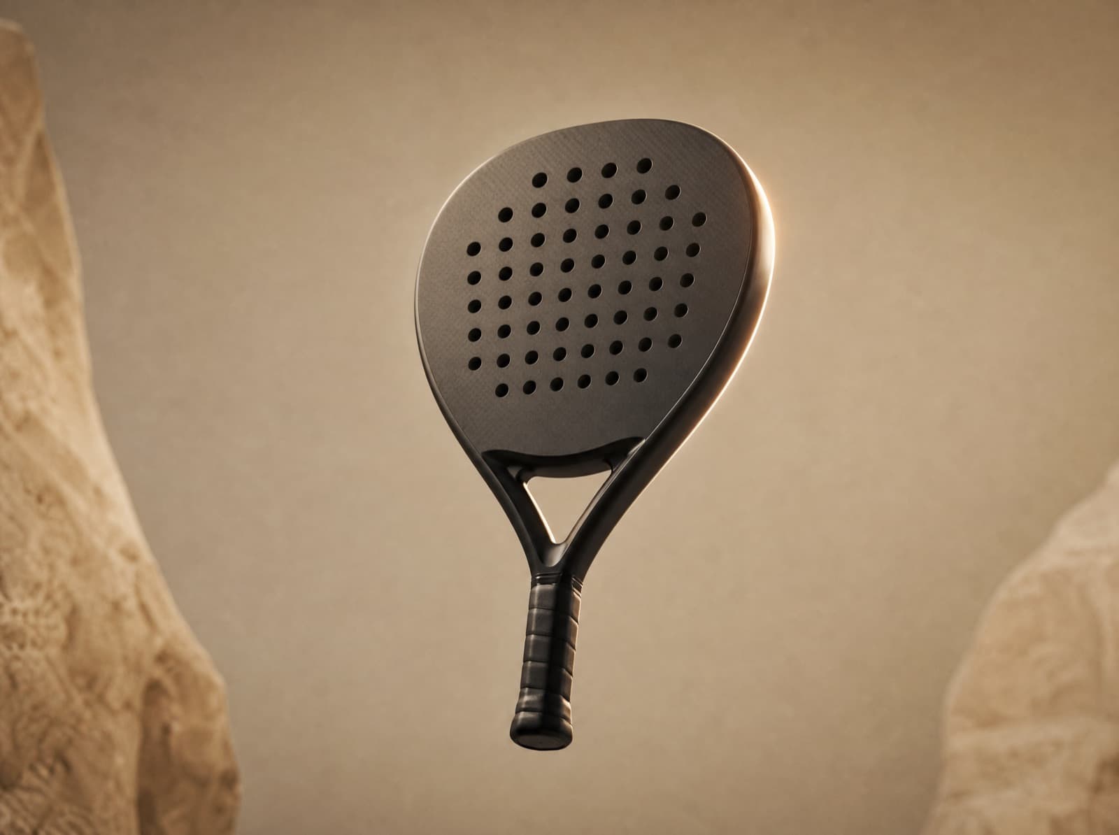 Custom padel racket floating against a sand-coloured background