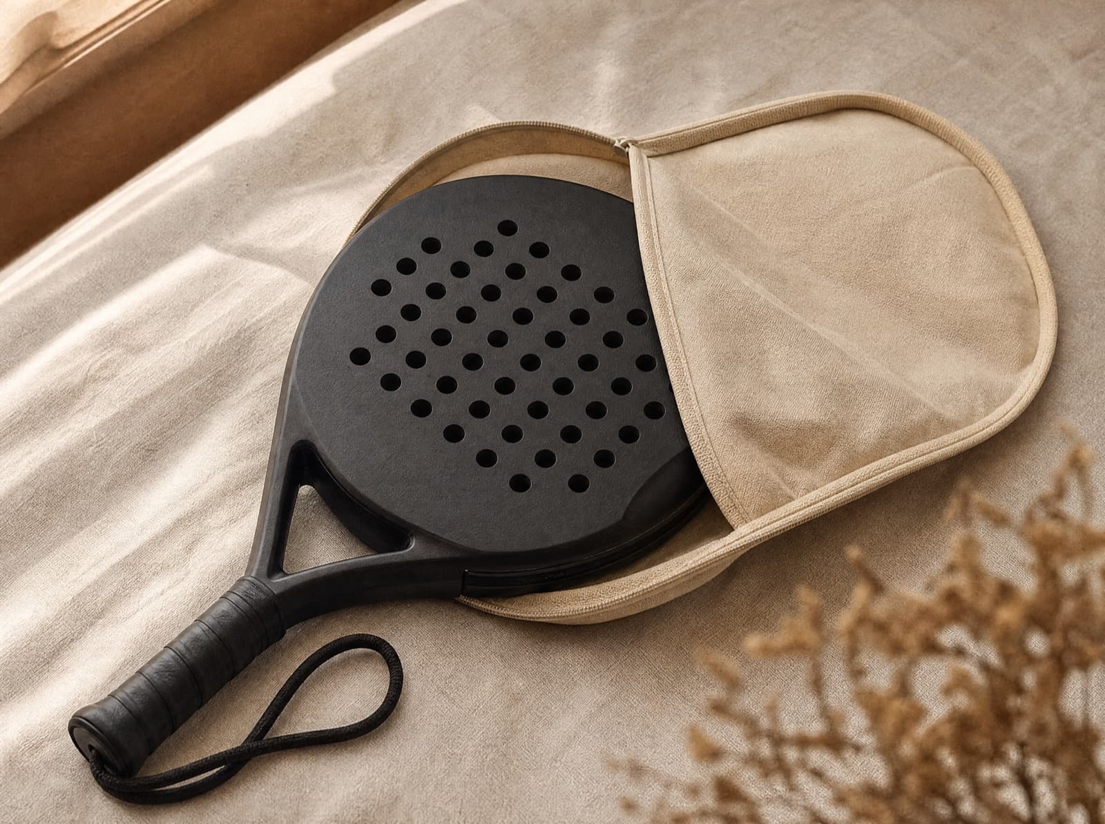 Custom Padelschläger halb in einer beigen Schutzhülle