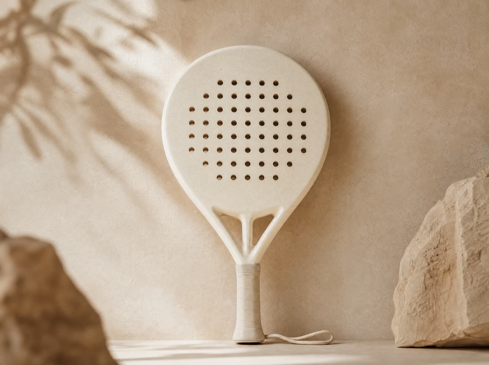 Cream-coloured padel racket against a sand-coloured background