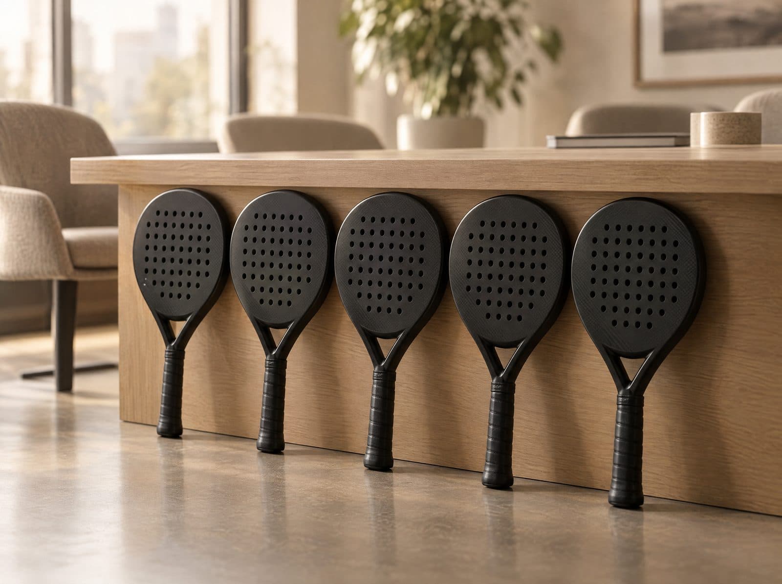 Cinq raquettes de padel noires alignées contre une table de réunion en chêne