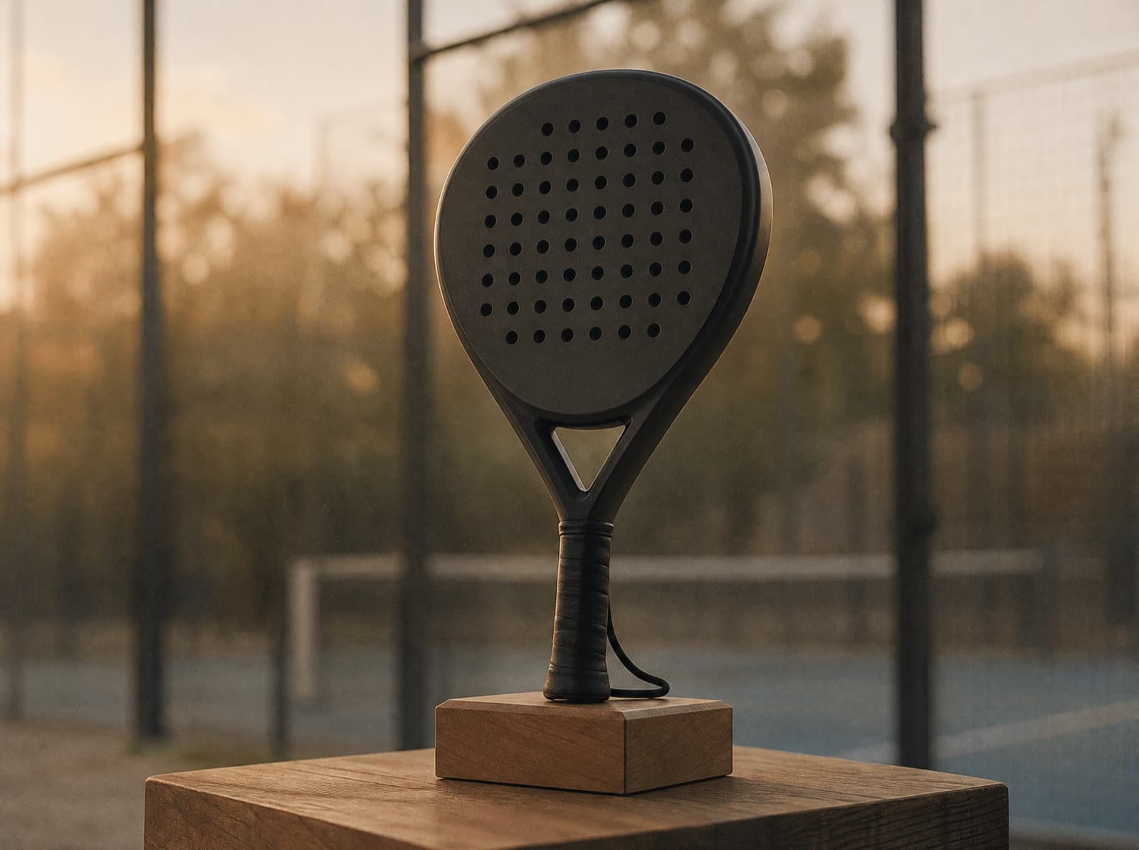 Custom Padelschläger auf einem Holzpodest mit einem Padelplatz im Hintergrund