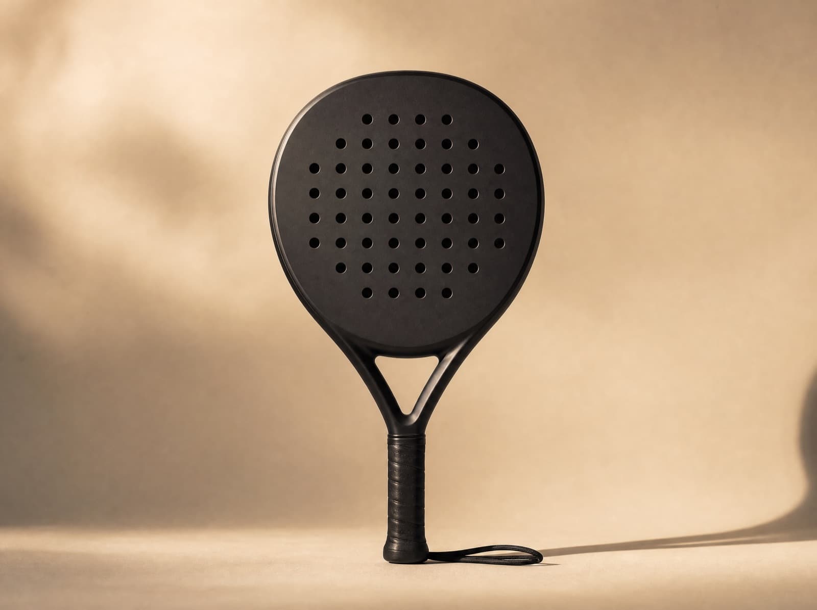 Custom Padelschläger, aufrecht stehend vor cremefarbenem Hintergrund