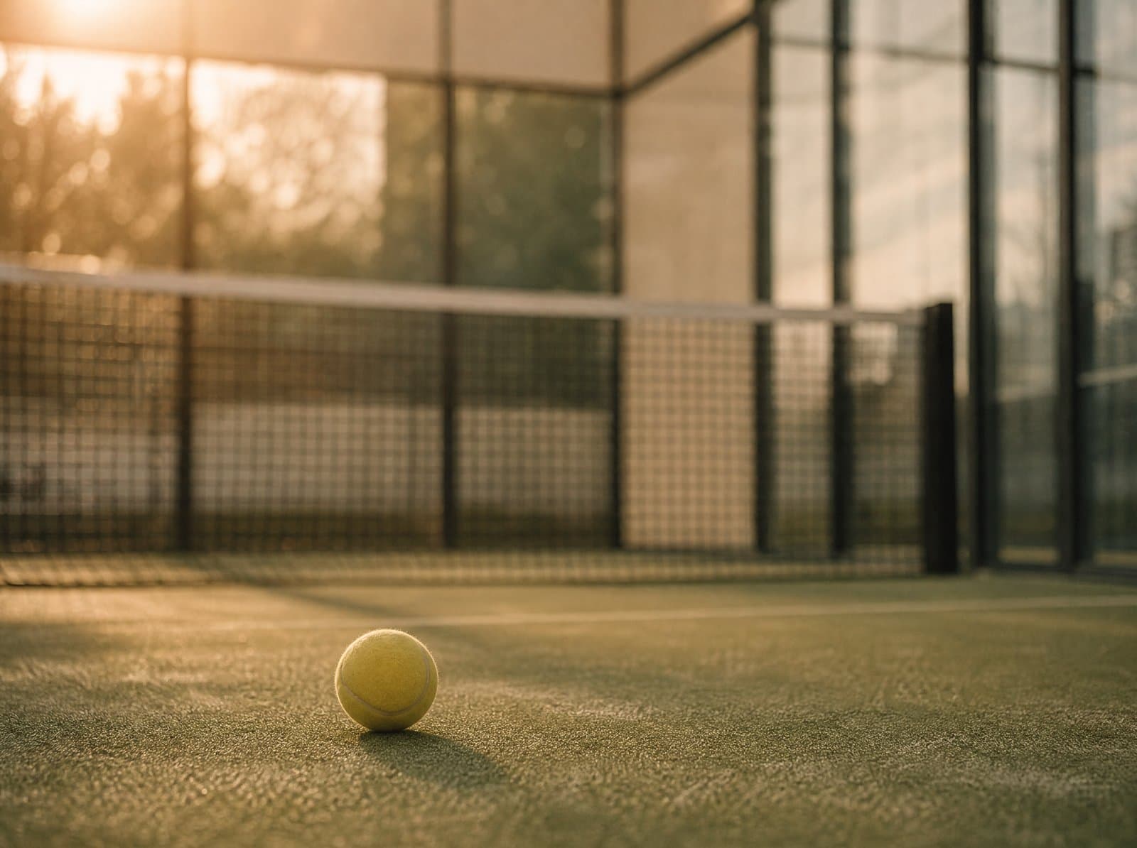 Padelbaan met glazen wanden gezien vanaf de achterlijn