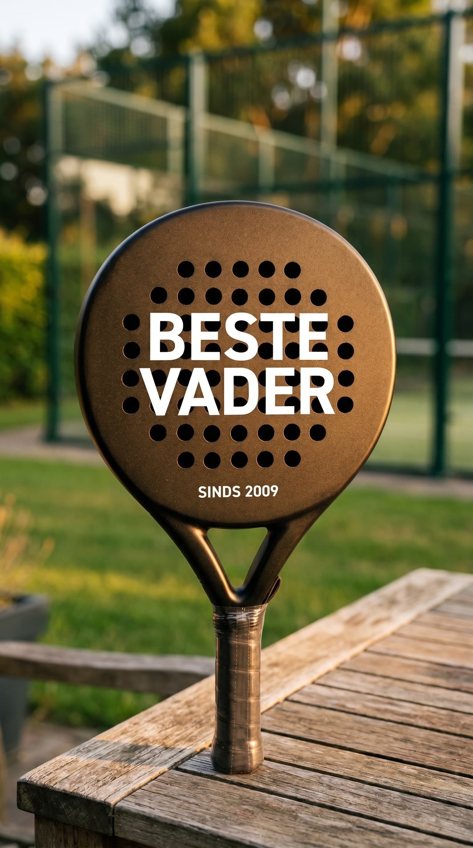 Custom padel racket voor een klant met BESTE VADER SINDS 2009 op het slagvlak