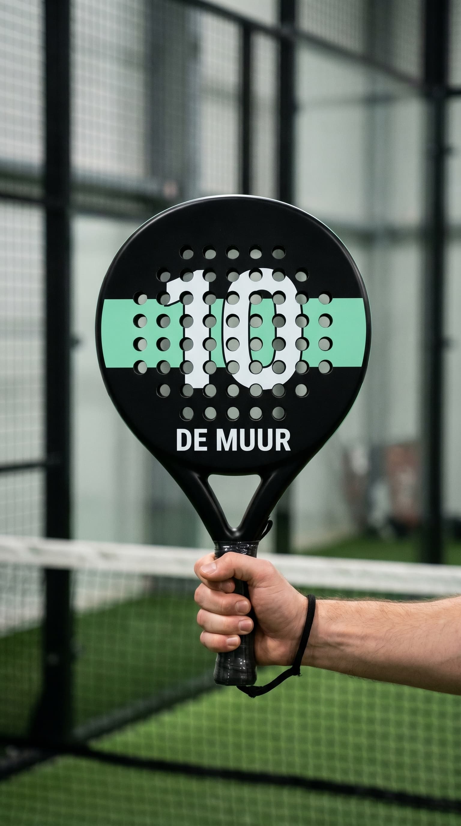 Gepersonaliseerd padel racket omhooggehouden op een indoor padelbaan