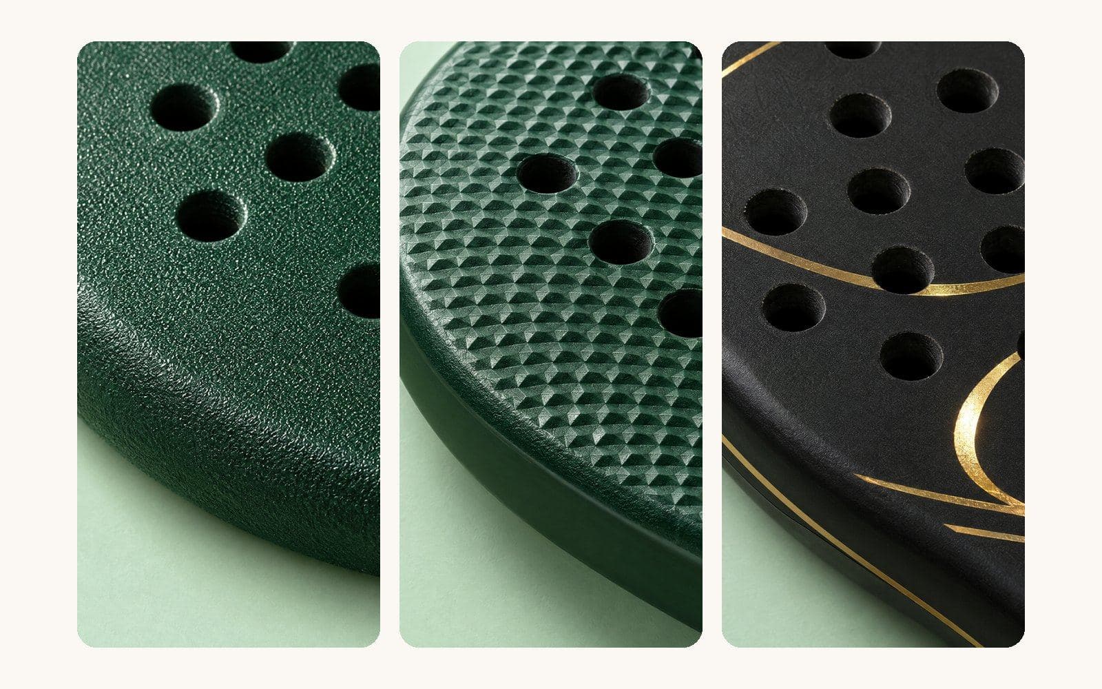 Visualisatie van drie afwerkingen op een padel racket: een ruw oppervlak, een 3D-reliëf en goudkleurige hot foil
