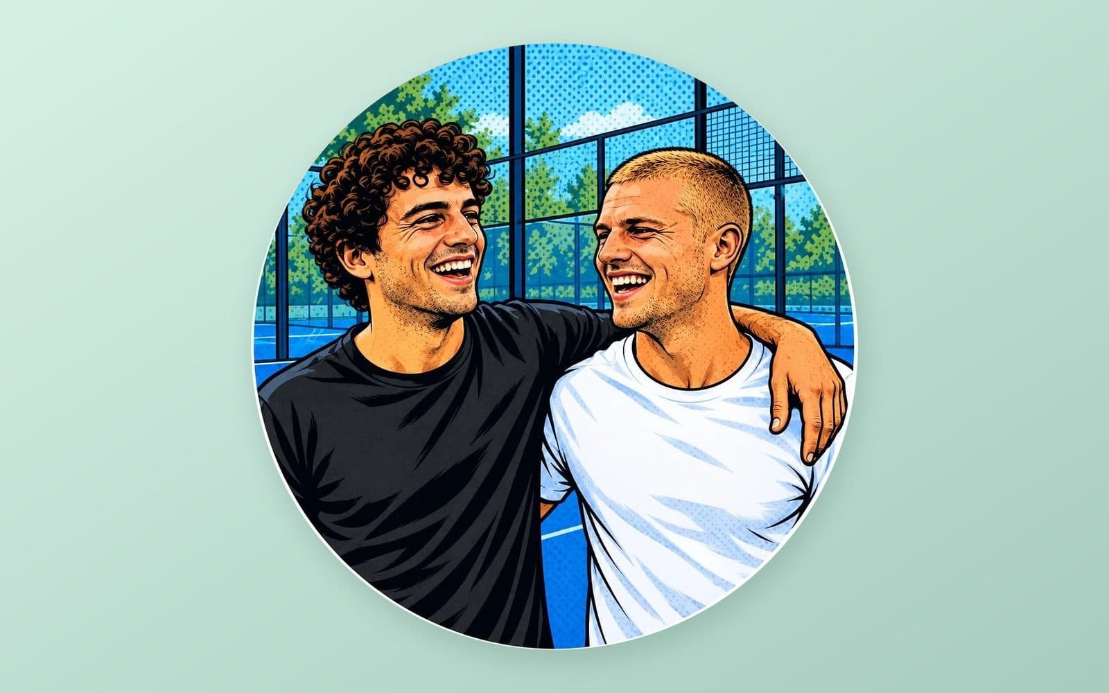 Exemple du designer : deux partenaires de padel en pop art sur un terrain de padel, œuvre créée à partir d’une photo de personnes inventées par l’IA