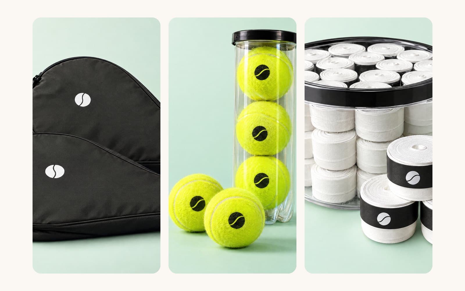 Visualisation of black padel covers, yellow padel balls and white overgrips with a sample logo, on a mint green background