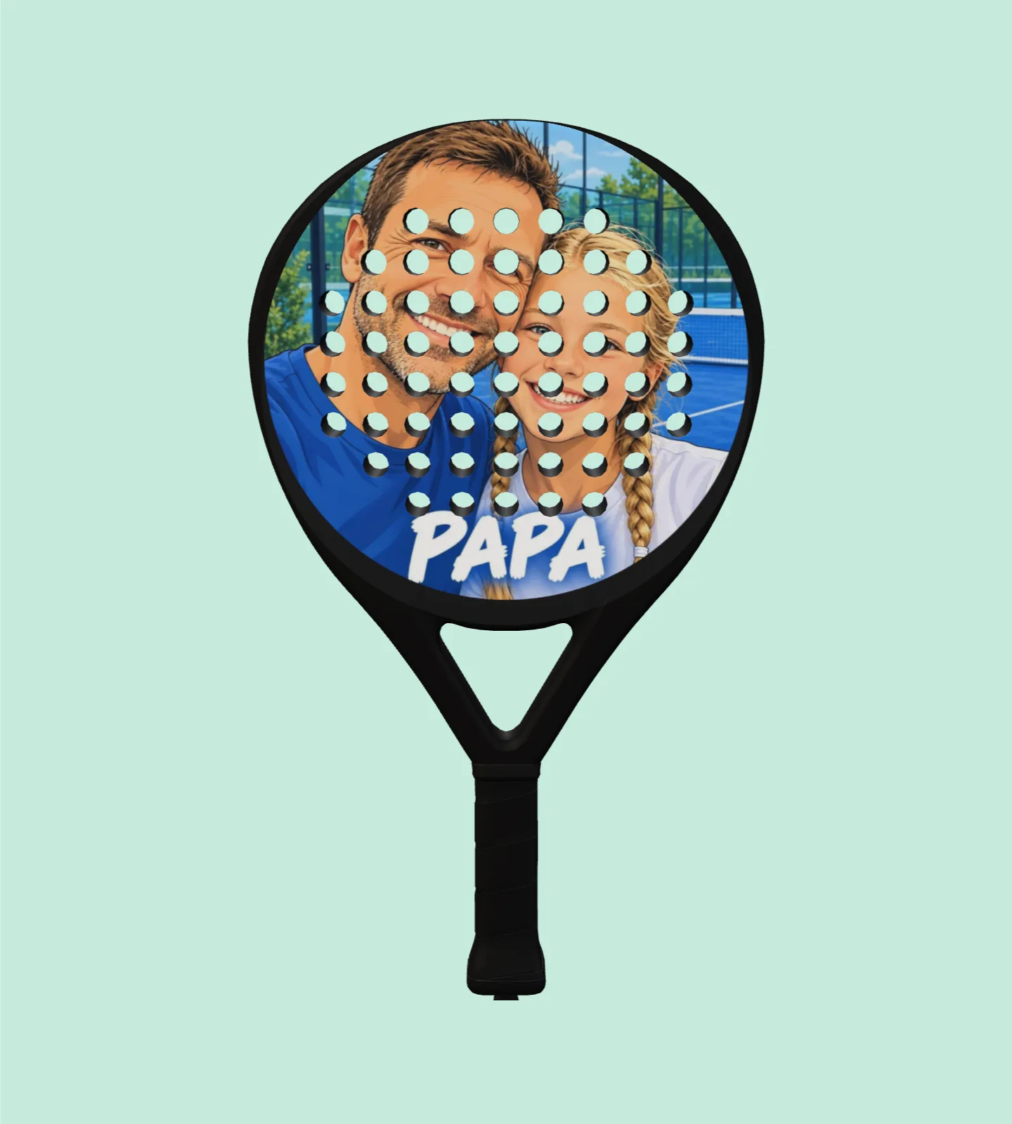 The artwork with PAPA on a padel racket in 3D, with the holes running through the image